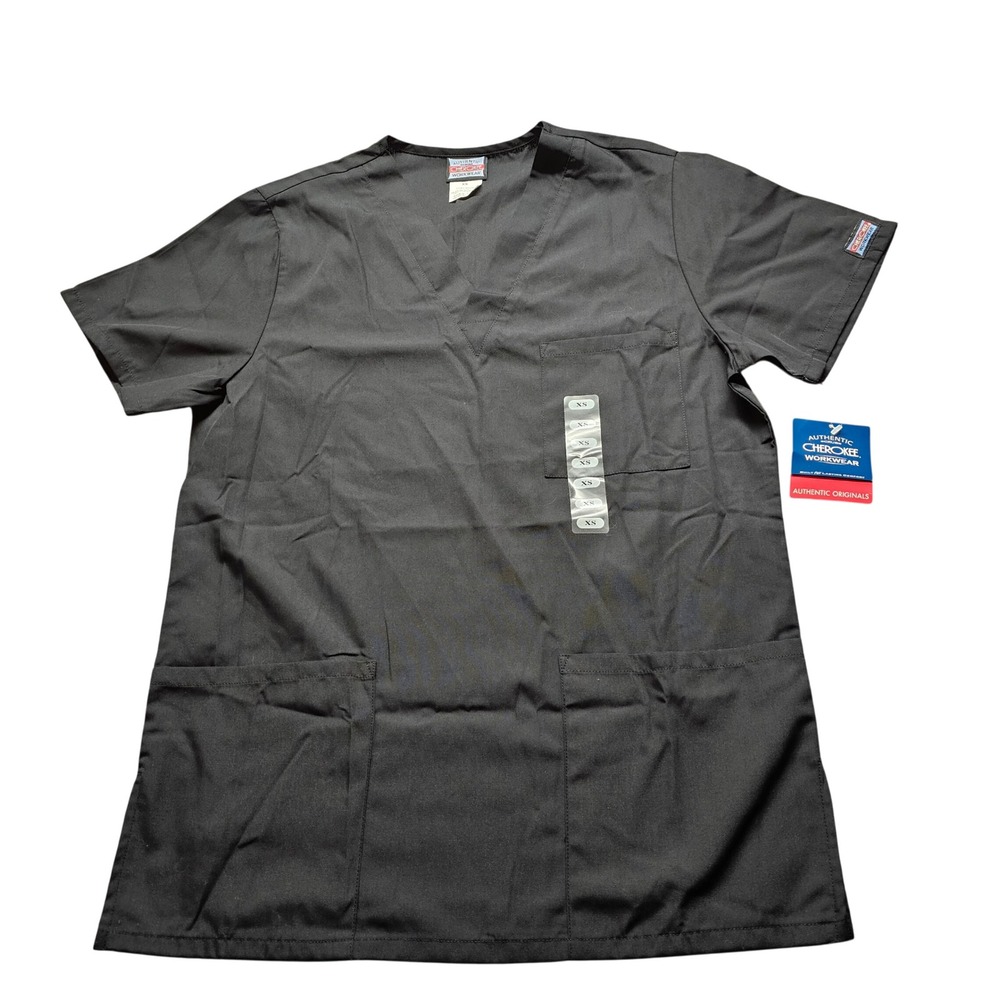Cherokee Workwear Scrub Top Unisex XS Black Authentic Originals V-Neck 4876